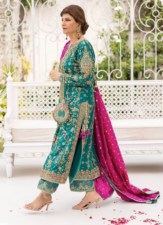 Farha Talib Aziz Wedding Festive Raw Silk Hand Embroidered Collection Unstitched  Avisa Emerald Kurta