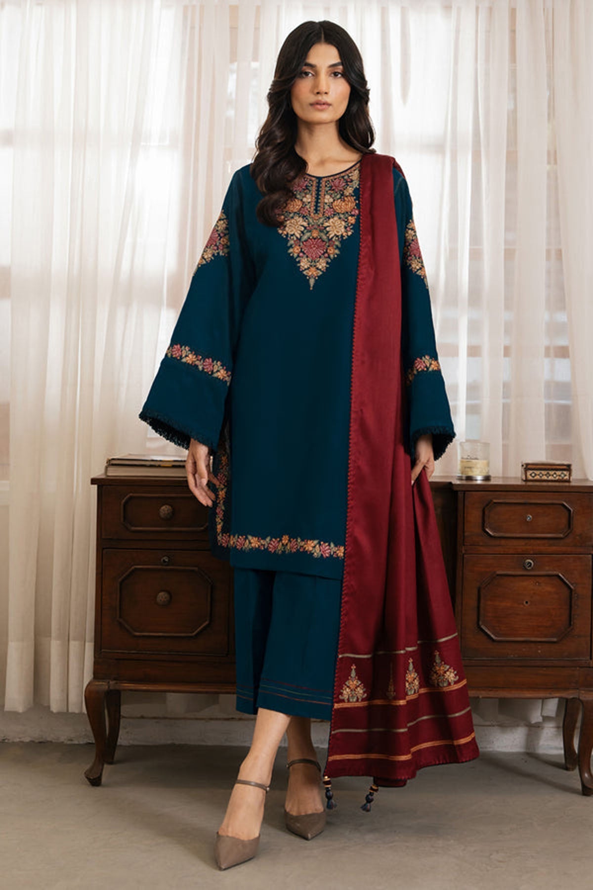 Jazmin 3PC Embroidered Karandi Suit with Printed whool shawal-GA2109