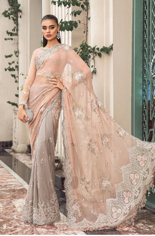 Maria.B Embroidered Chiffon Unstitched Saree MB23SC D5 - Luxury Collection Peach And Grey