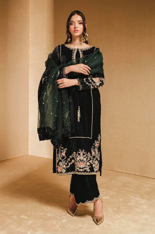 Pehnawa Black Formals Velvet Embroidered Collection IVY - KHAKAA