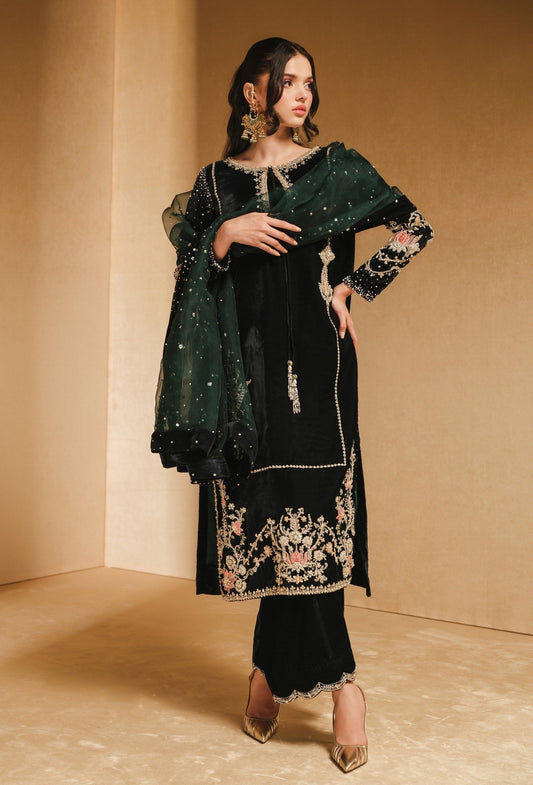 Pehnawa Black Formals Velvet Embroidered Collection IVY - KHAKAA