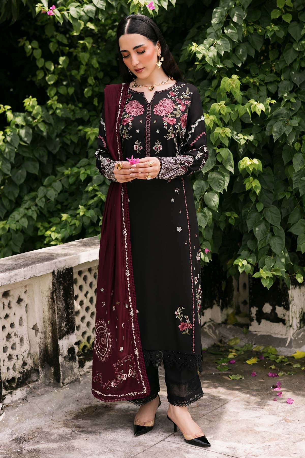 NUREH - 3PC DHANAK EMBROIDERED SHIRT WITH TWILL PRINTED SHAWL AND TROUSER - HZG2614