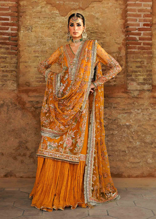 Zaib-un-Nisa by Hussain Rehar Embroidered Net Suits Unstitched 4 Piece HRR23ZN Saffron - Festive Collection