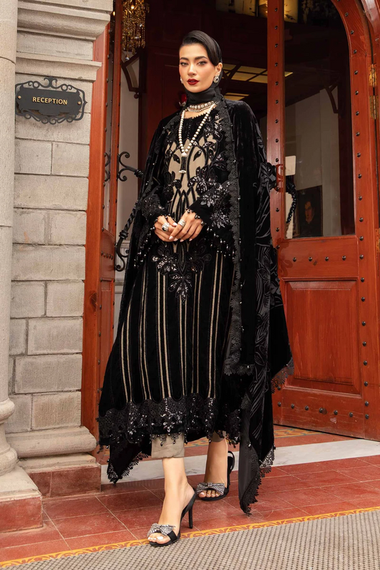 Maria.B Vinter Luxe 3 Piece Unstitched Embroidered Velvet Suit DL-1205 With Paliachi Shawl