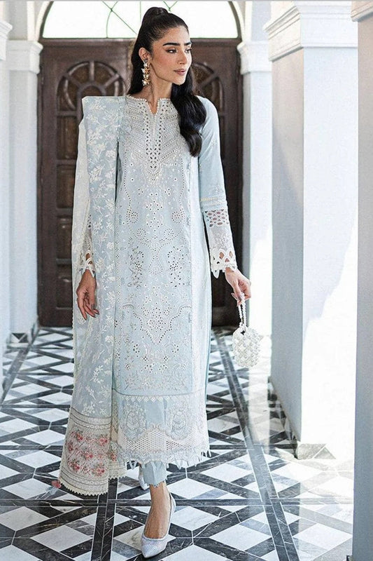 Qalamkar Luxury Lawn Embroidered 3 Piece Unstitched Sky Blue