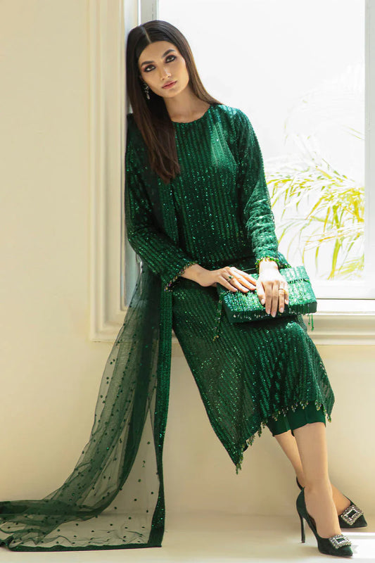 Baroque Exclusive Formal Embroidered Sequence Chiffon Unstitched 3Pc UF-386 Green