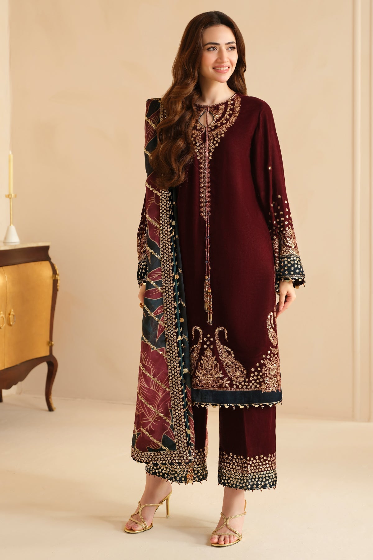 Jazmin 3PC Embroidered Velvet Suit with Embroidered Chiffon Dupatta-GA2092